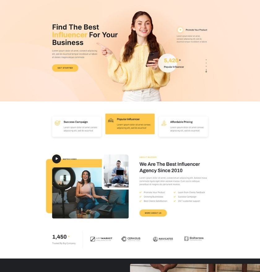 Landing page of a social media influencer featuring vibrant visuals and links to their latest content and social media profiles.