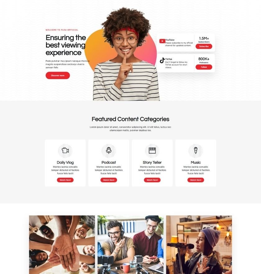 Landing page of a social media influencer featuring vibrant visuals and links to their latest content and social media profiles.